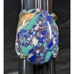 New Silver Tone Ring 7.75 7 3/4 Blue‎ Green Cabochon Stone Oval Fashion Jewelry
